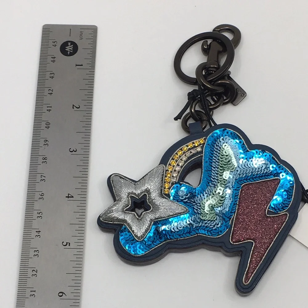 NWT Coach Style 24333 Cloud and Stars Leather and Sequined Key Bag Charm Denim - Picture 16 of 16
